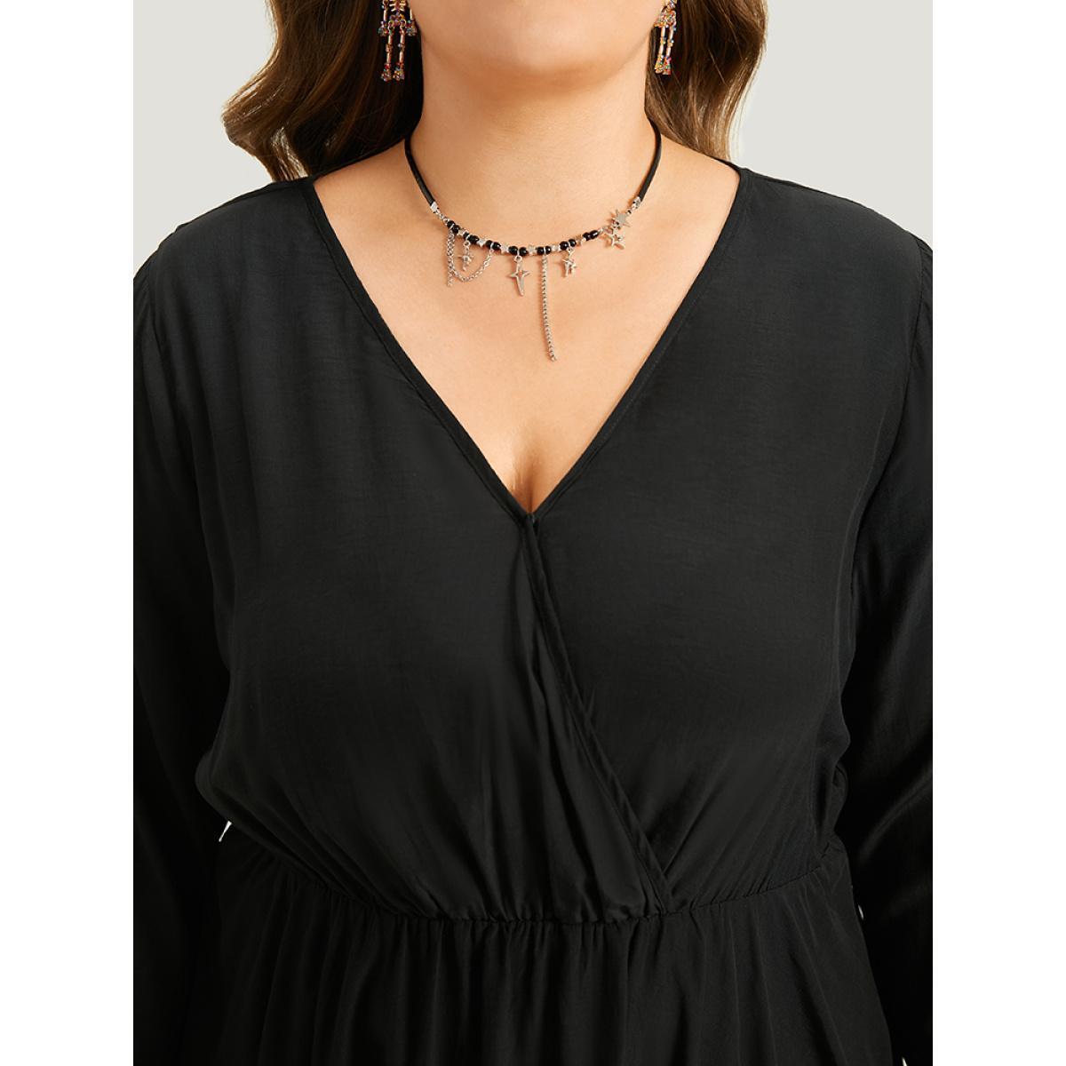 Plus Size Black Halloween Plain Lace Asymmetrical Hem Blouse Women Elegant Long Sleeve V-neck Dailywear Blouses BloomChic 26/4X Product Image