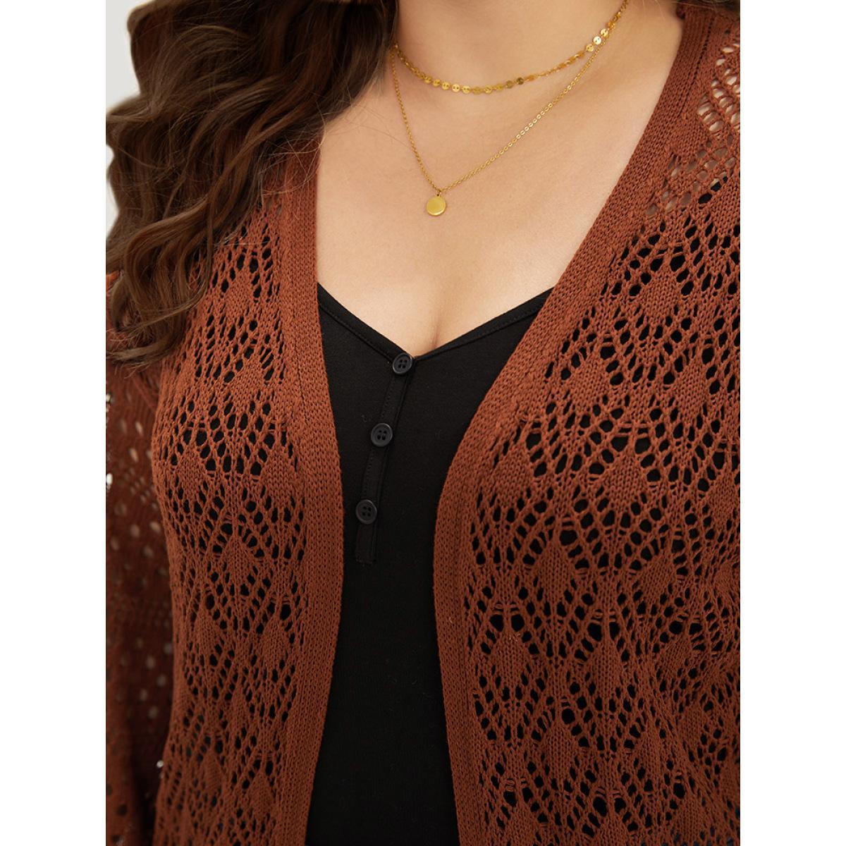 Plus Size Plain Hollow Out Split Side Maxi Cardigan Maroon Women Casual Loose Long Sleeve Dailywear Cardigans BloomChic 26/4X Product Image