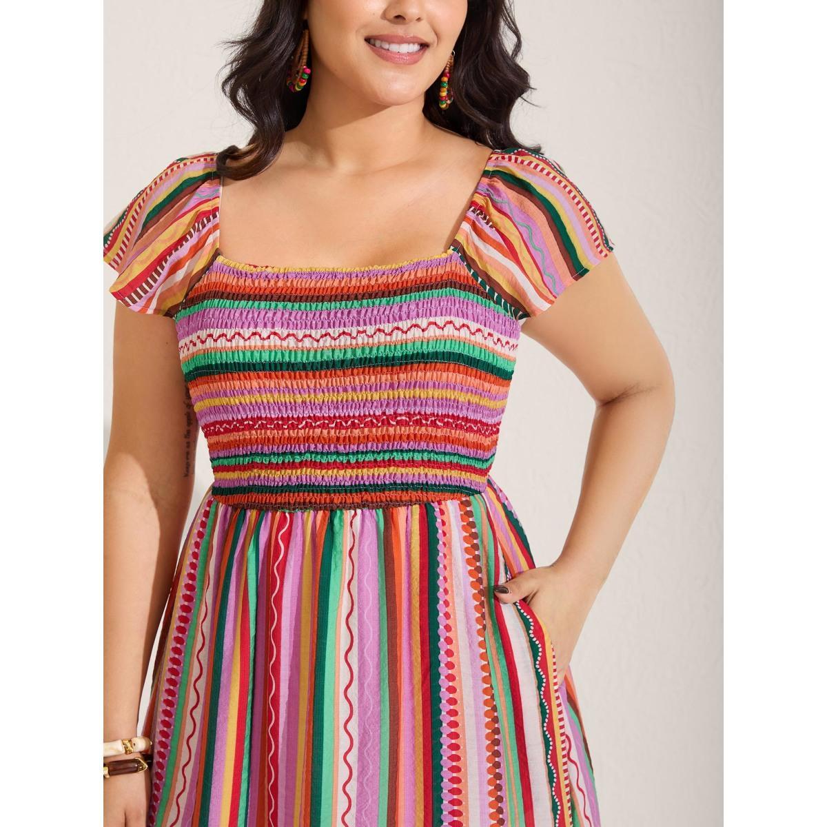 Plus Size Colorful Stripe Flutter Sleeve Pockets Midi Dress Multicolor Women Square Neck Cap Sleeve Curvy BloomChic 12/L Product Image