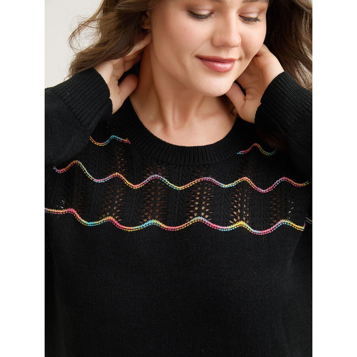 Plus Size Ripple Textured Sheer Neck Backless Pullover Black Women Loose Long Sleeve Round Neck Everyday-Casual Pullovers BloomChic 18-20/2X Product Image