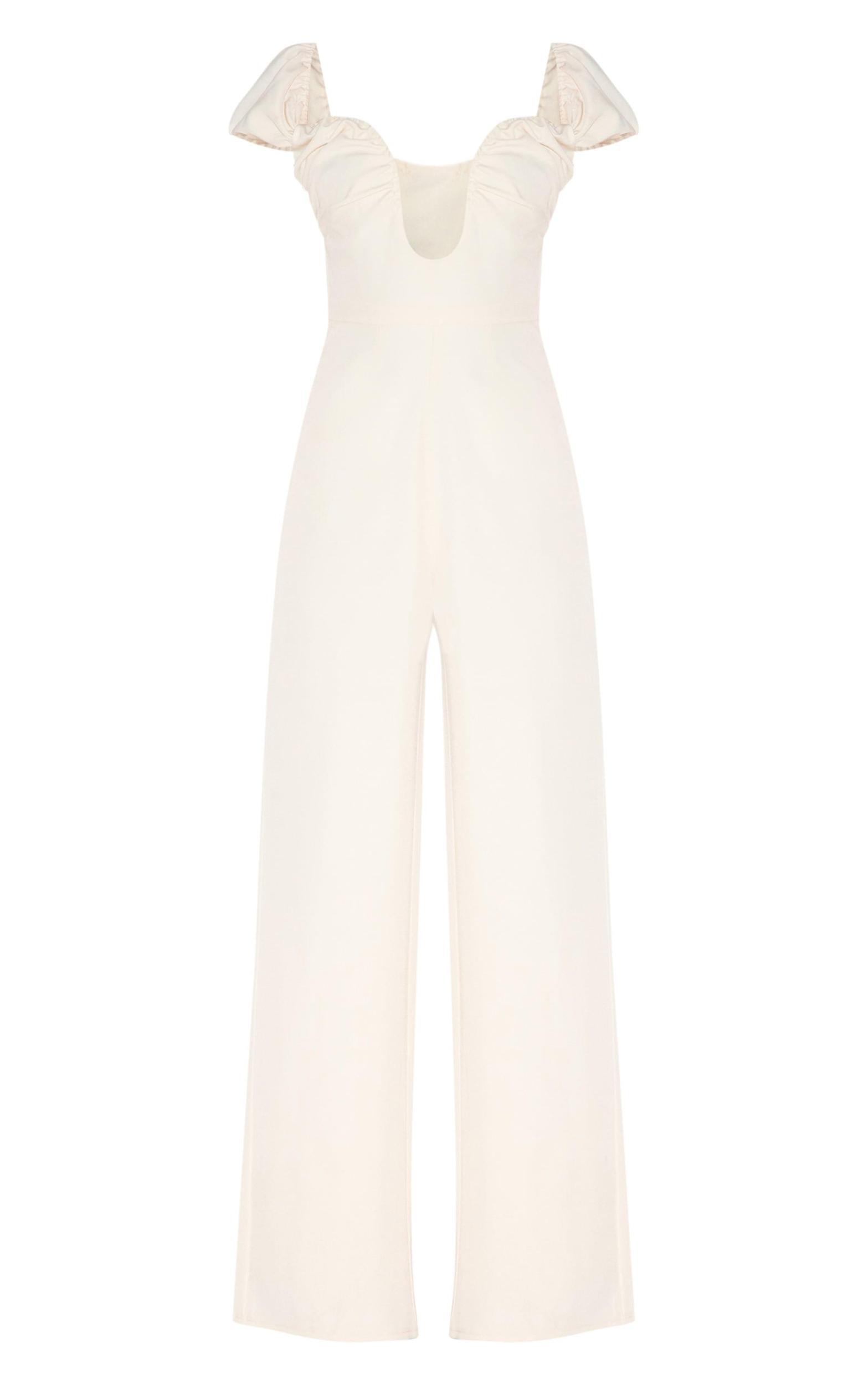 Cream Woven Plunge Straight Leg Jumpsuit Product Image