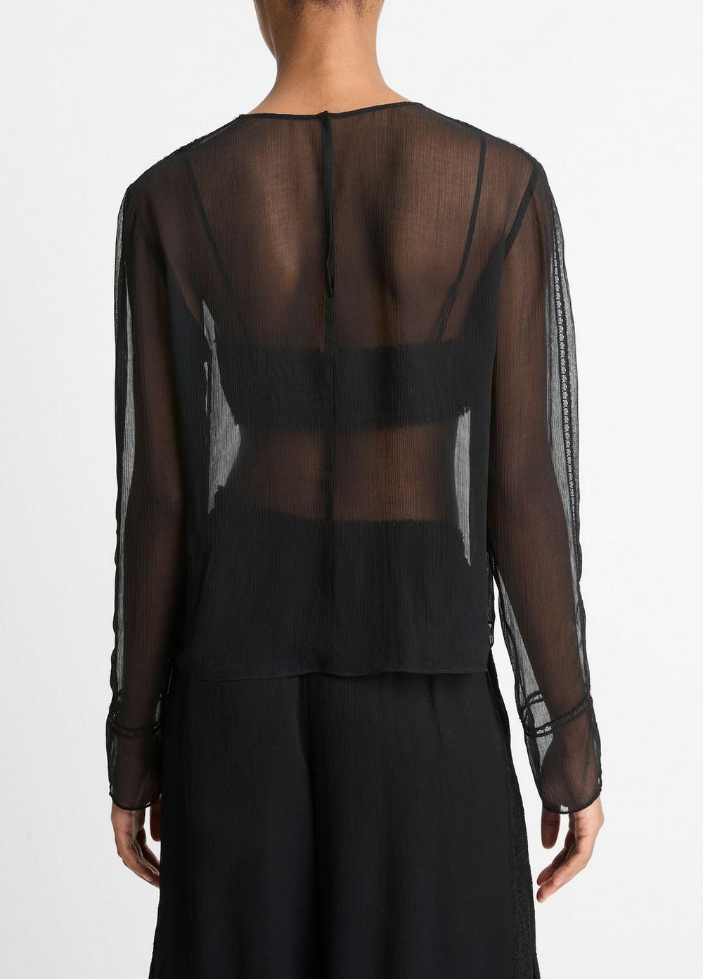 Womens Lace-Trim Sheer Chiffon Top, Black, Size L Vince Product Image