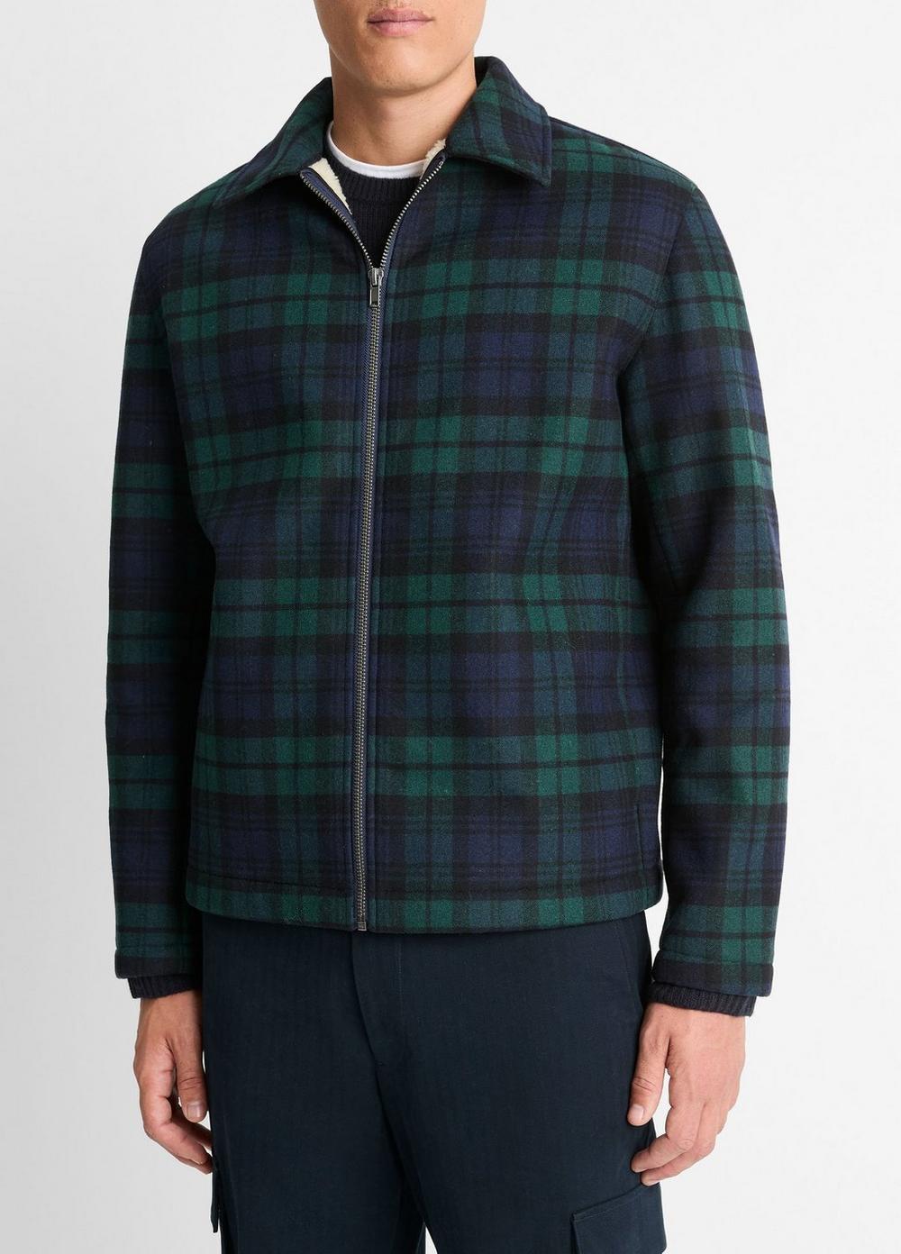 Mens Sherpa-Lined Plaid Wool-Blend Jacket, Coastal Blue Combo, Size XS Vince Product Image