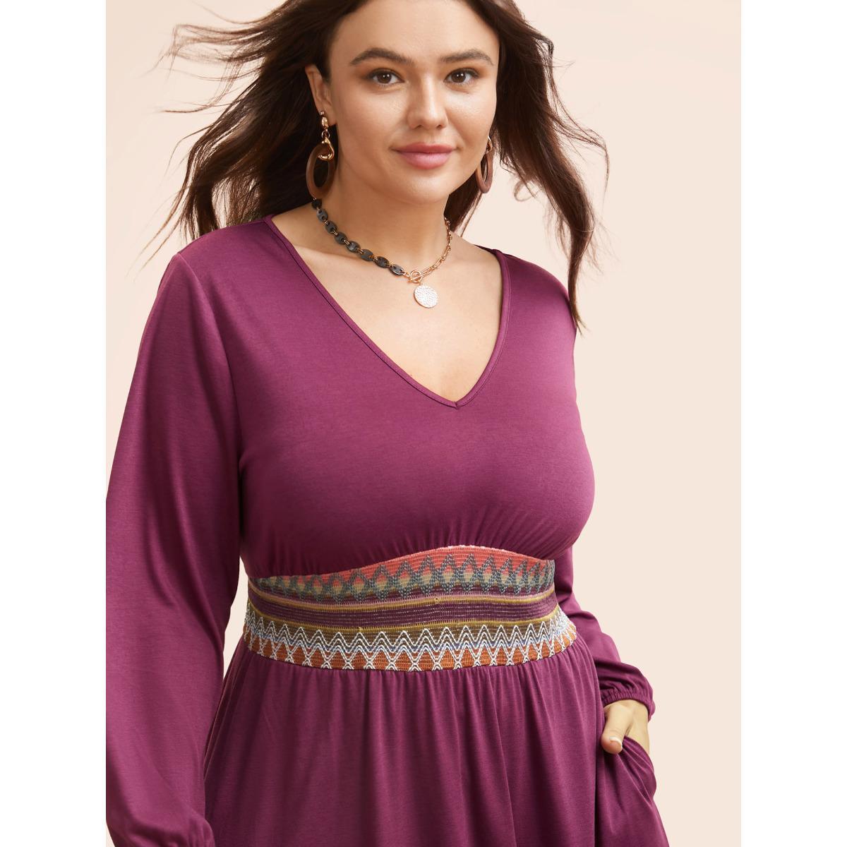 Plus Size V Neck Contrast Webbing Midi Dress RedViolet Women Resort Woven ribbon&lace trim V-neck Long Sleeve Curvy BloomChic 12/L Product Image