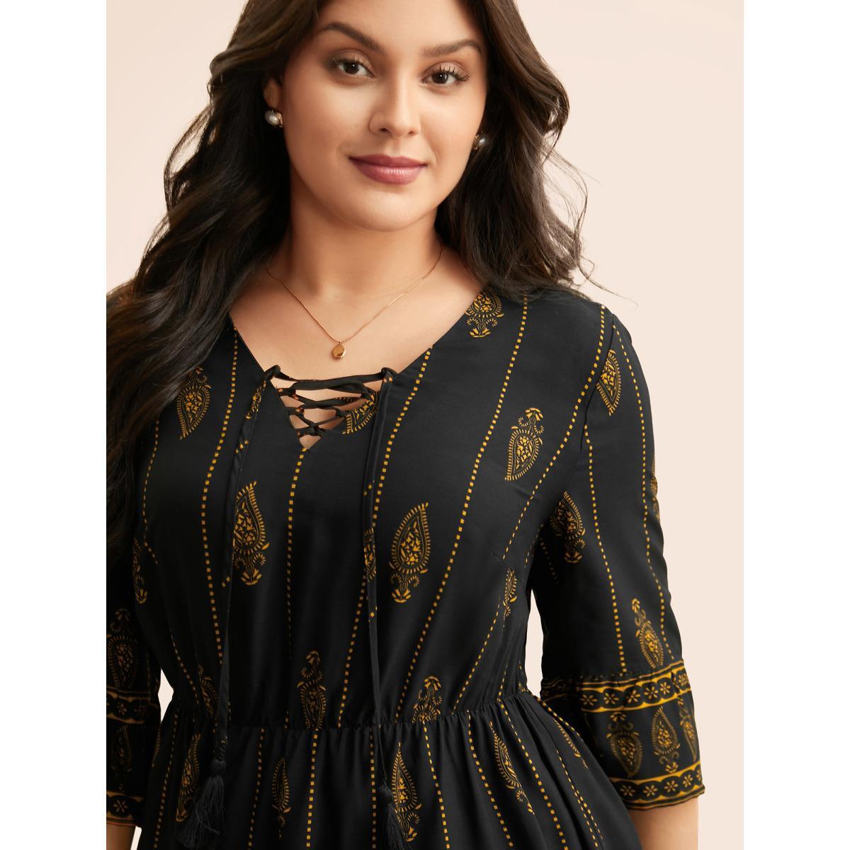 Plus Size Black Boho Print Lace Up Bell Sleeve Blouse Women Elegant Elbow-length sleeve V-neck Everyday Blouses BloomChic 30/6X Product Image