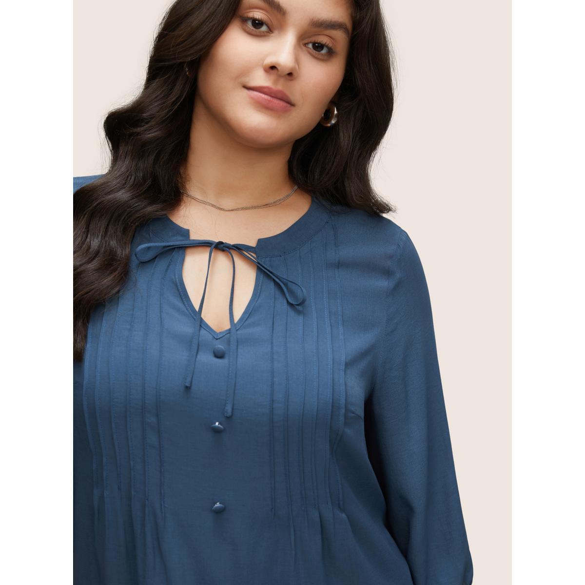 Plus Size Stone Plain Pleated Knot Neck Lantern Sleeve Blouse Women Casual Elbow-length sleeve Notched collar Everyday Blouses BloomChic 12/L Product Image