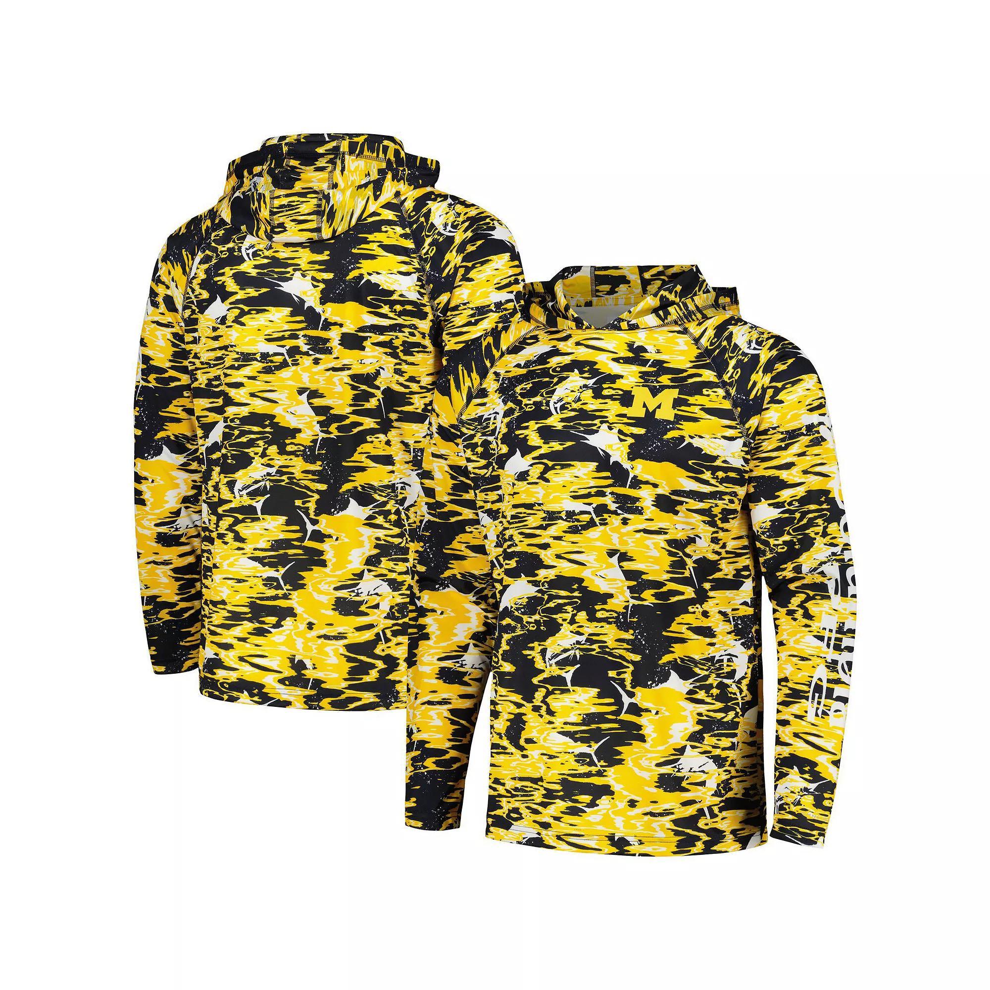 Men's Columbia  Navy Michigan Wolverines PFG Terminal Tackle Omni-Shade Rippled Long Sleeve Hooded T-Shirt, Size: Large, Blue Product Image
