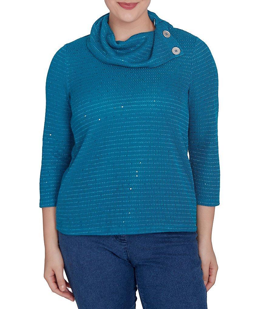 Ruby Rd. Cozy Knit Split Cowl Neck 3/4 Sleeve Sequin Top Product Image
