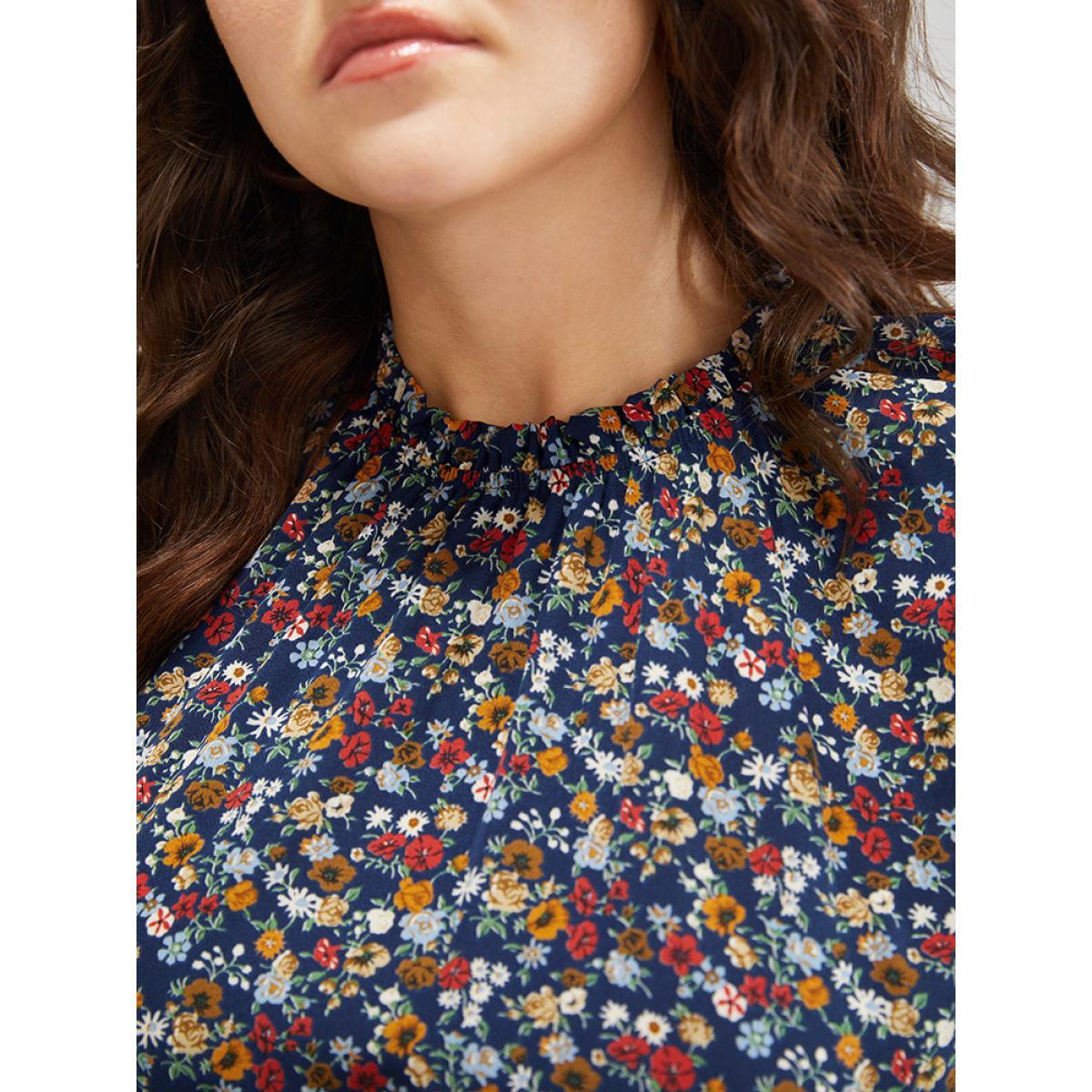 Plus Size Ditsy Floral Ruffle Sleeve Pocket Frill Trim Mock Neck Dress DarkBlue Women Elegant Pocket Mock Neck Half Sleeve Curvy Midi Dress BloomChic 22-24/3X Product Image