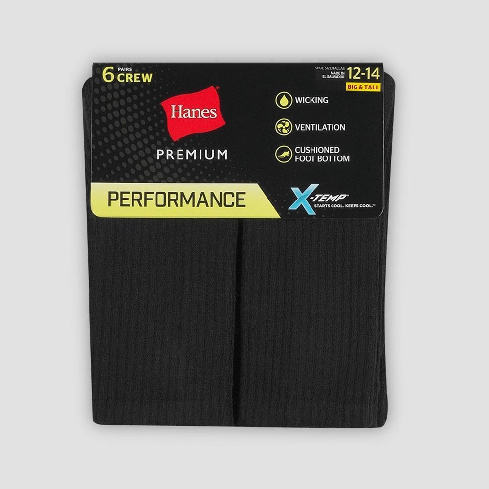 Men's Big & Tall Hanes Premium Performance Cushioned Crew Socks 6pk - Black 12-14: Moisture Wicking, Breathable, Ribbed Product Image