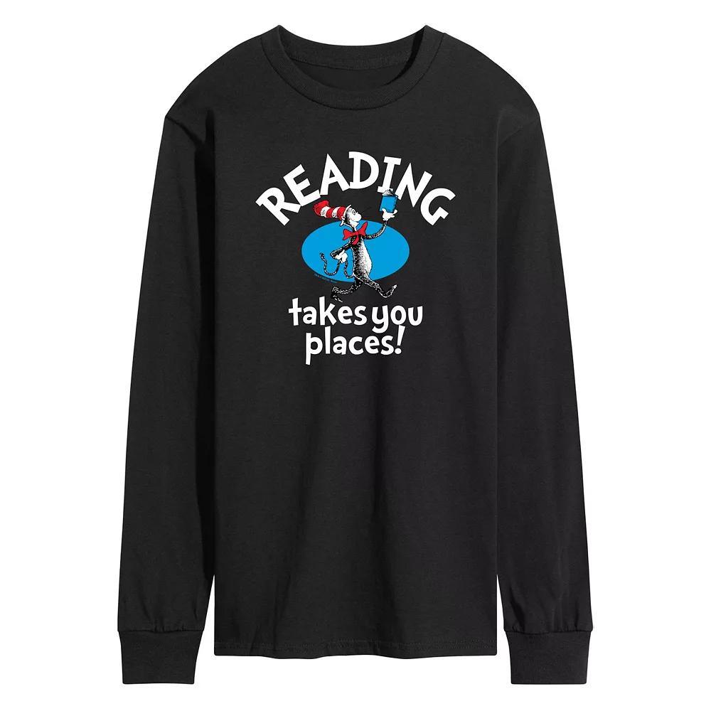 Mens Dr. Seuss The Cat in the Hat Reading Takes You Places Long Sleeve Graphic Tee Blue Product Image