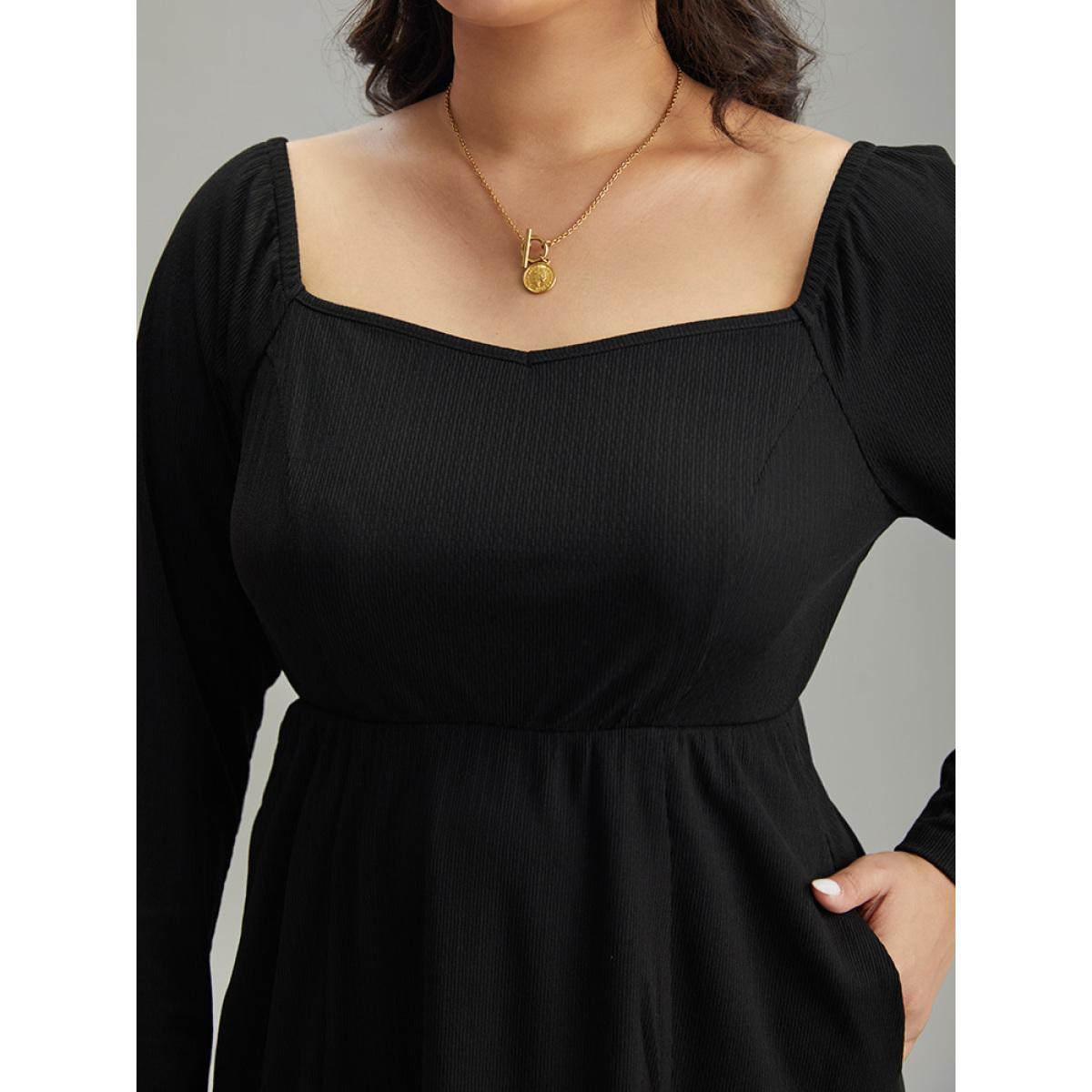 Plus Size Rib Knit Split Side Square Neck Dress Black Women Elegant Plain Square Neck Long Sleeve Curvy Midi Dress BloomChic 12/L Product Image