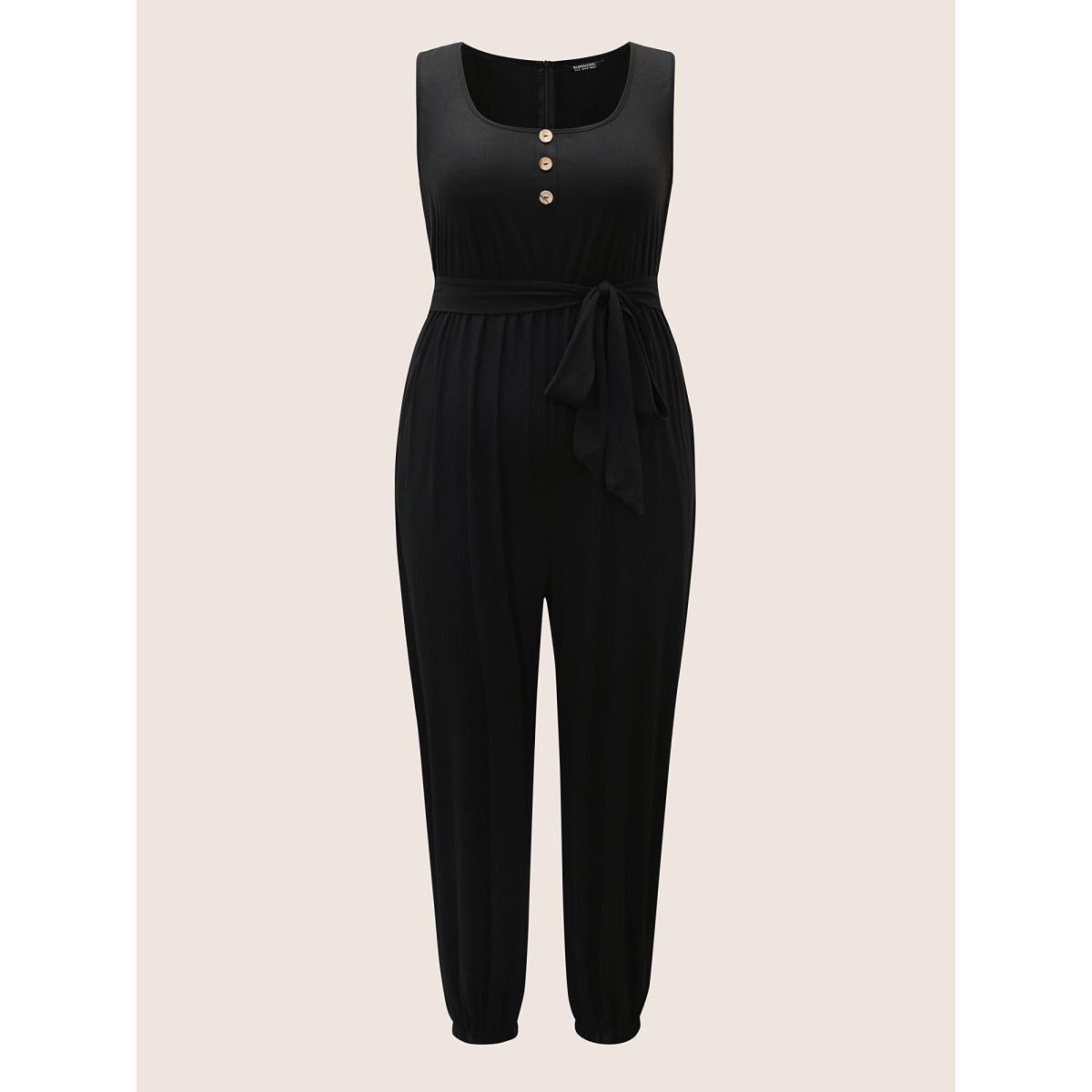 Plus Size Black Supersoft Essentials Plain Button Detail Belted Jumpsuit Women Casual Sleeveless Non Everyday Loose Jumpsuits BloomChic 26/4X Product Image