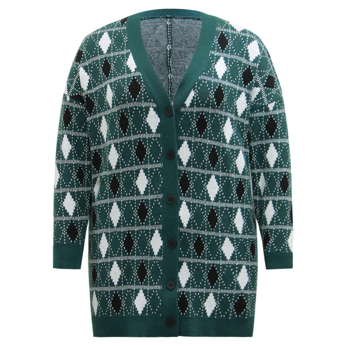 Plus Size Supersoft Essentials Christmas Contrast Geometric Cardigan DarkGreen Women Casual Loose Long Sleeve Festival-Christmas Cardigans BloomChic 22-24/3X Product Image