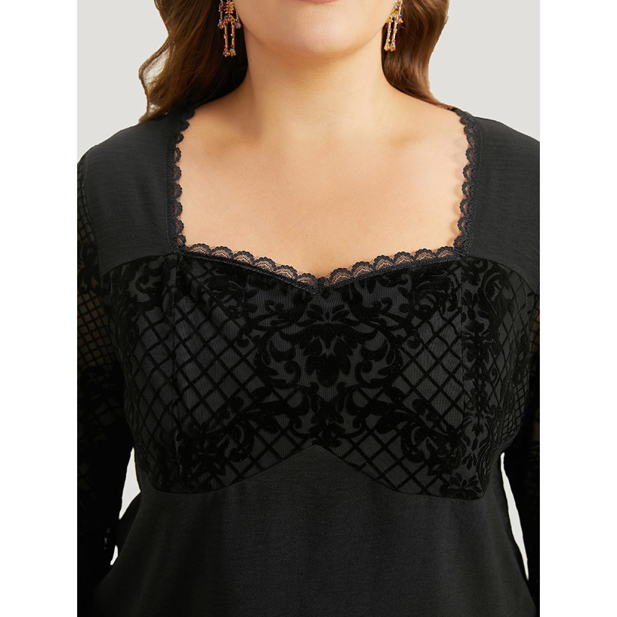 Plus Size Black Halloween Floral Eyelet Lace Mesh Bell Sleeve Blouse Women Elegant Long Sleeve Square Neck Festival-Halloween Blouses BloomChic 28/5X Product Image