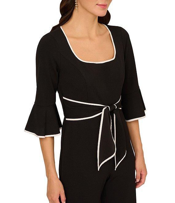 Adrianna Papell Crepe Contrast Piping 3/4 Ruffle Sleeve Square Neck Jumpsuit Product Image