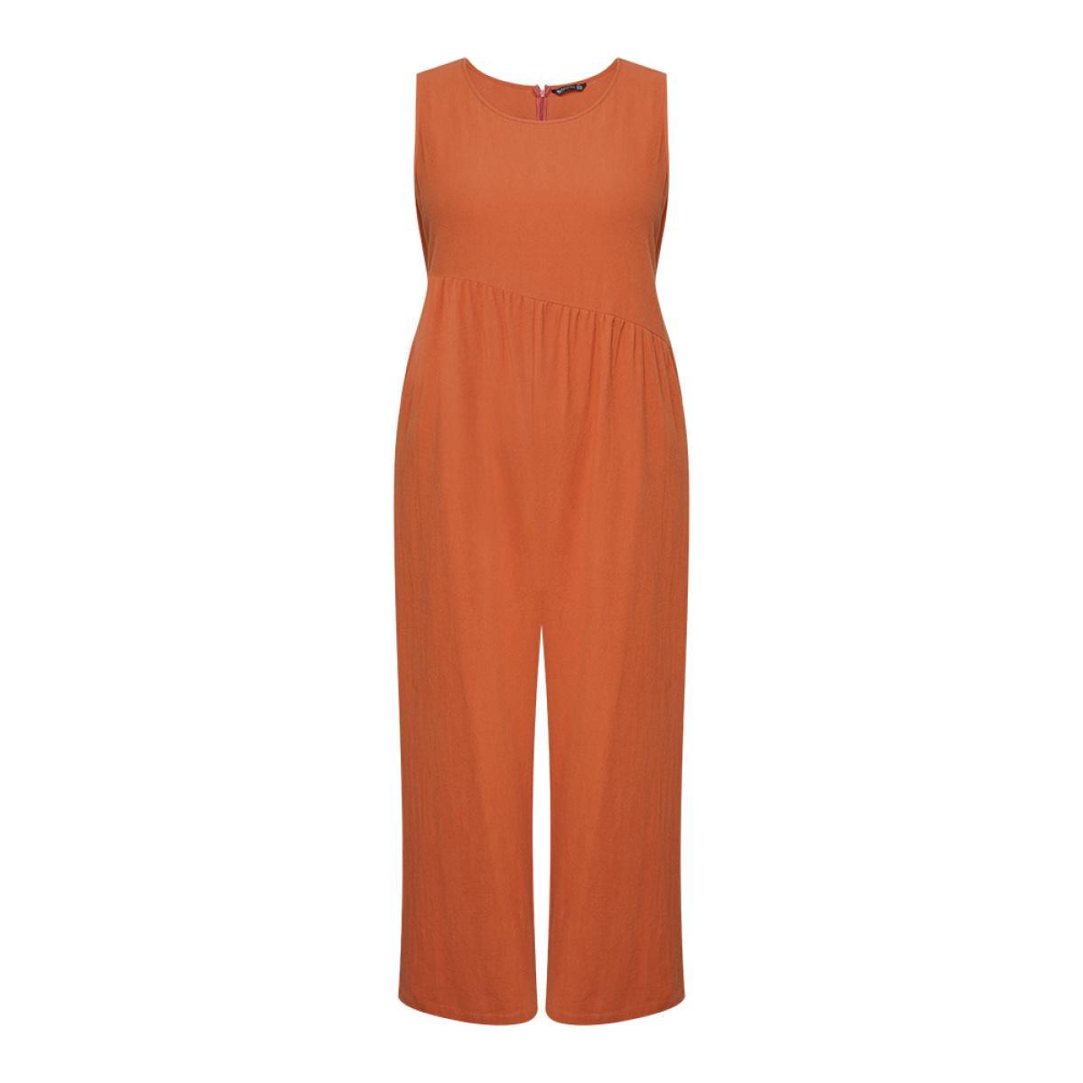 Plus Size OrangeRed Plain Pocket Zipper Patchwork Tank Jumpsuit Women Casual Sleeveless Round Neck Dailywear Loose Jumpsuits BloomChic 22-24/3X Product Image