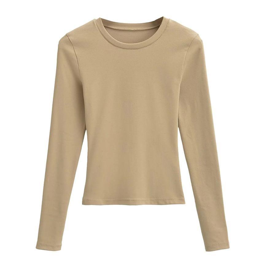Long-Sleeve Crew Neck Plain Crop T-Shirt Product Image