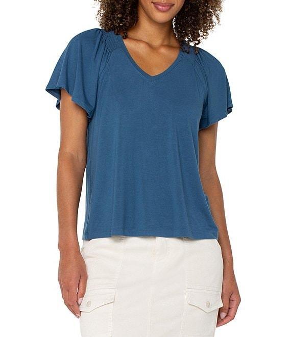 Liverpool Los Angeles Jersey Knit V-Neck Short Flutter Sleeve Shirred Top Product Image