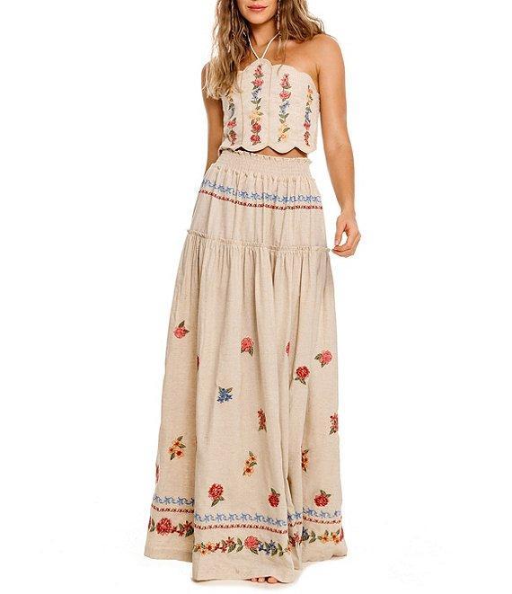 Agua Bendita Jenna Blush Floral Embroidered Smocked Waist Maxi Skirt Product Image