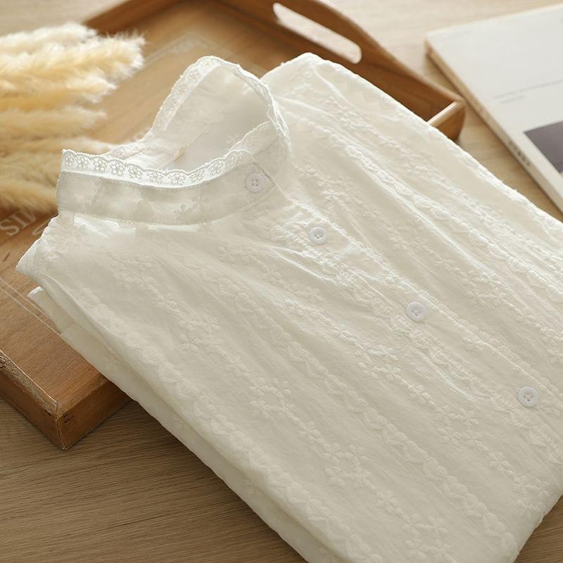 Long Sleeve Band Collar Embroidered Shirt Product Image