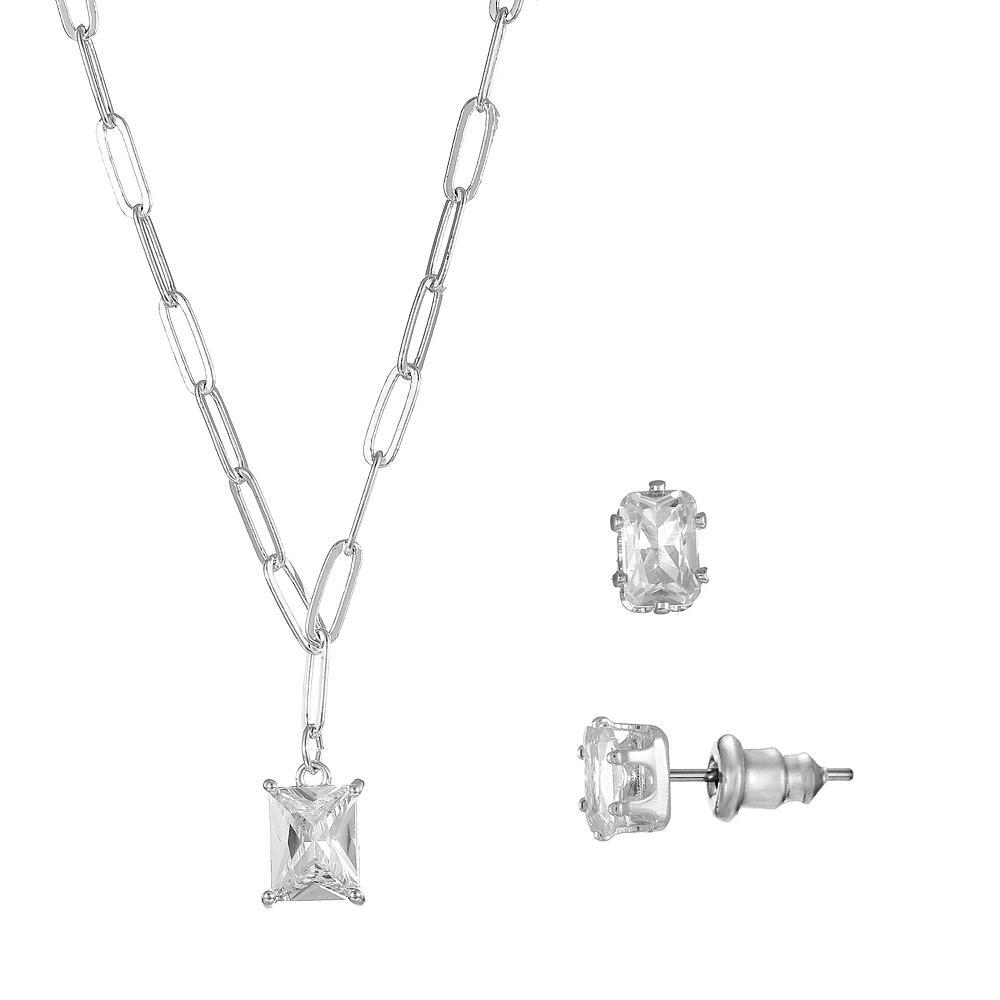 Silver Tone Cubic Zirconia Paperclip Chain Y-Necklace & Stud Earrings Set, Women's, Size: 18+3", Silver Tone Clear Product Image