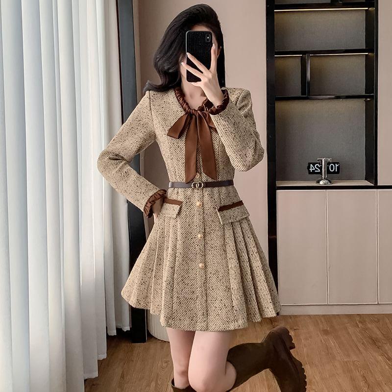 Long-Sleeve Ribbon Neck Tweed Mini A-Line Pleated Dress Product Image