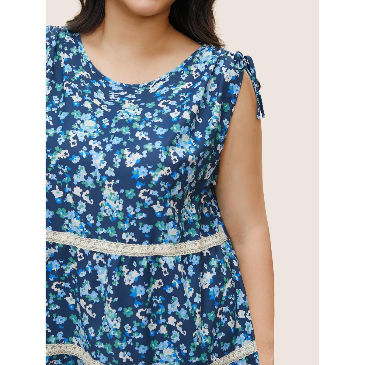 Plus Size Ditsy Floral Drawstring Lace Patchwork Tank Top Women Blue Elegant Cross straps Round Neck Everyday Tank Tops Camis BloomChic 12/L Product Image
