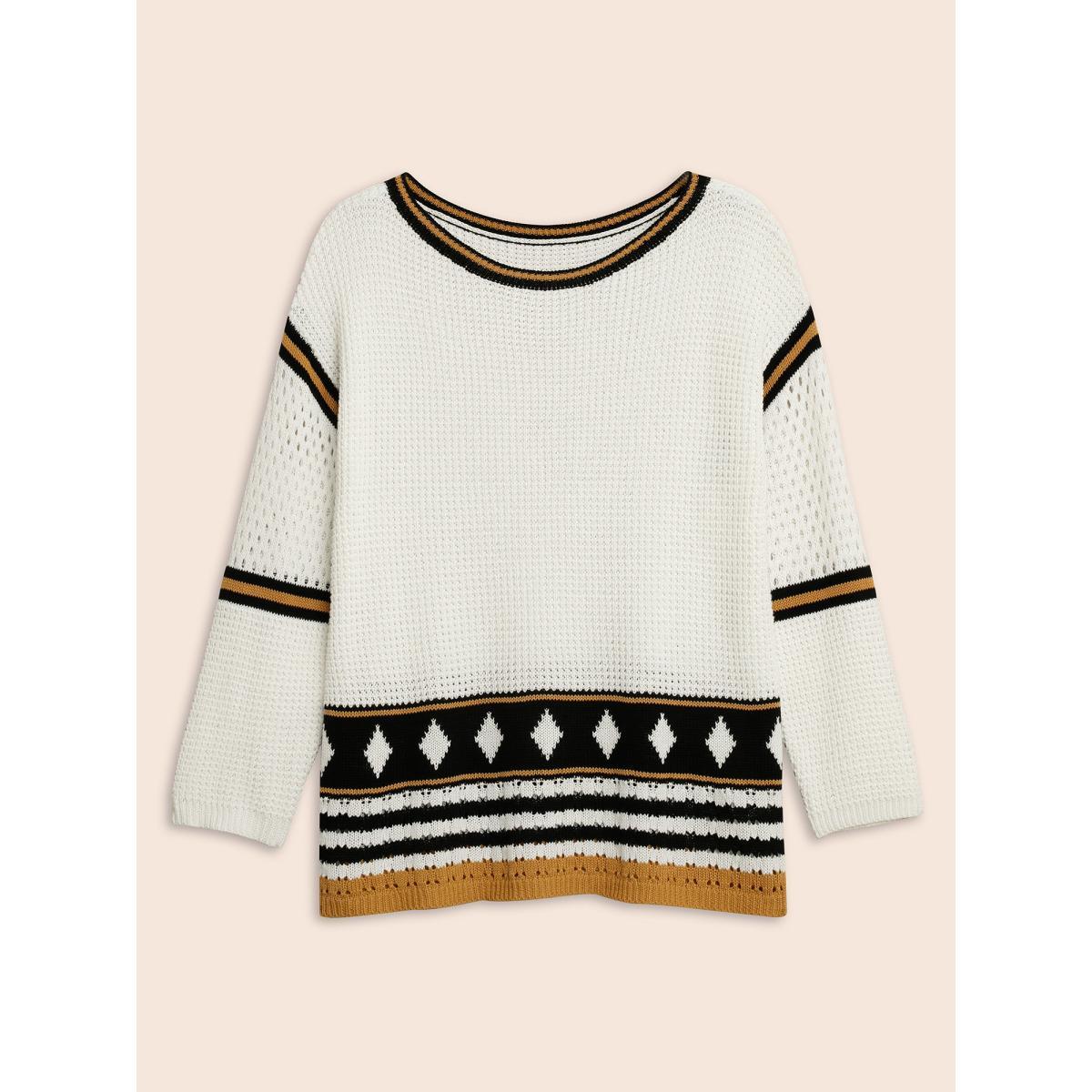 Plus Size Cotton Geometric Striped Drop Shoulder Sleeve Pullover Ivory Women Resort Loose Long Sleeve Round Neck Vacation Pullovers BloomChic 18-20/2X Product Image