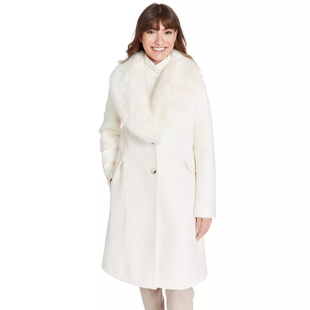 Women's Nine West Faux Fur Collar Button Front Coat, Size: Medium, Ivory Product Image
