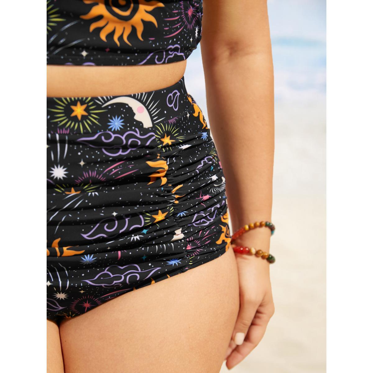 Plus Size Moon & Star Ruched High Rise Swim Bottom Women's Swimwear Black Beach Gathered High stretch Skinny High Rise Curve Swim Bottoms BloomChic 12/L Product Image