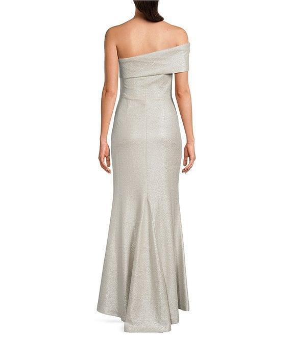 Eliza J Off-the-Shoulder Short Sleeve Side Ruched Foiled Knit Sheath Gown Product Image