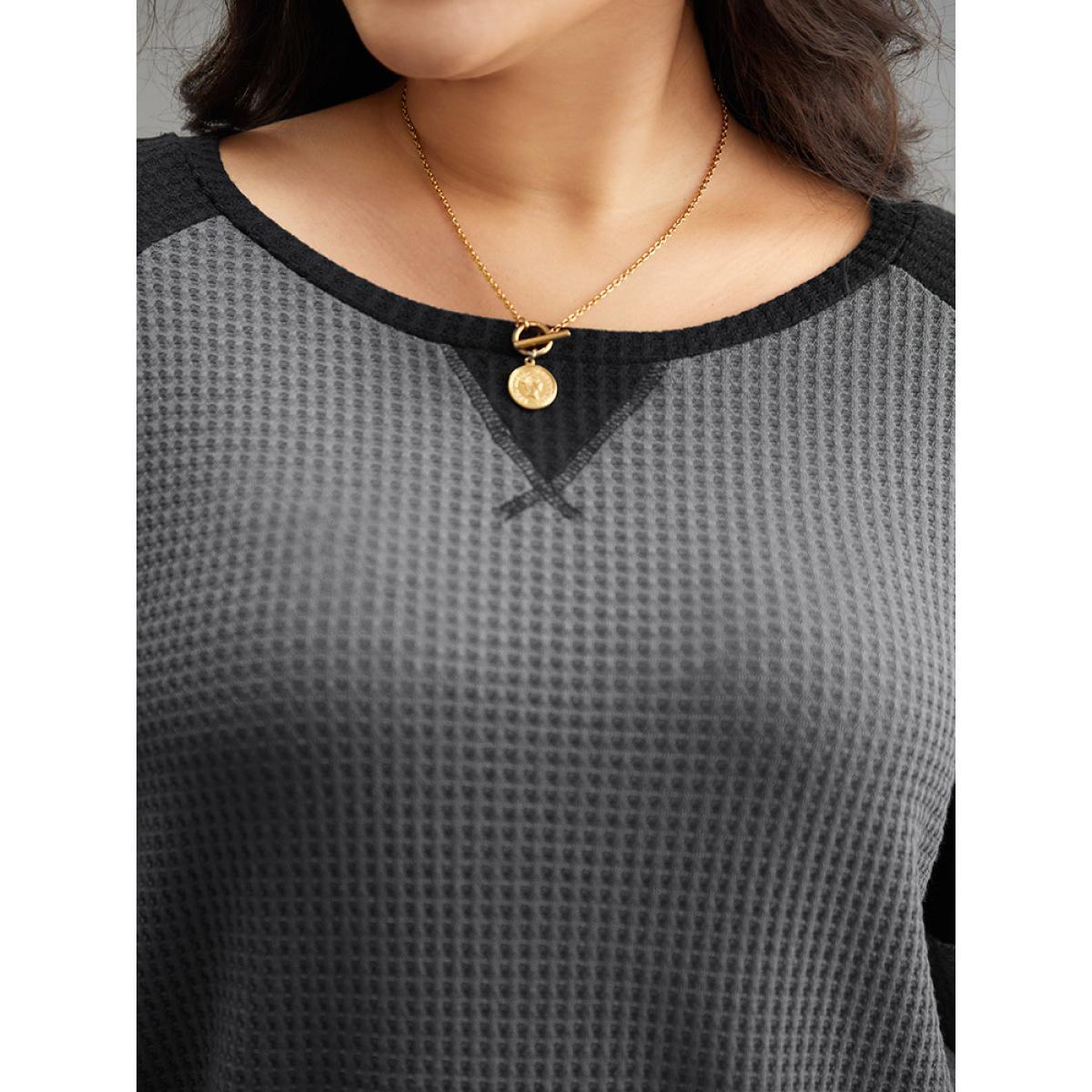 Plus Size Waffle Knit Contrast Patchwork T-shirt Gray Women Casual Contrast Plain Round Neck Everyday T-shirts BloomChic 10/M Product Image
