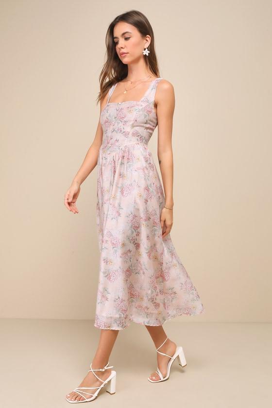 Darling Adoration Blush Pink Floral Midi Dress With Pockets Product Image