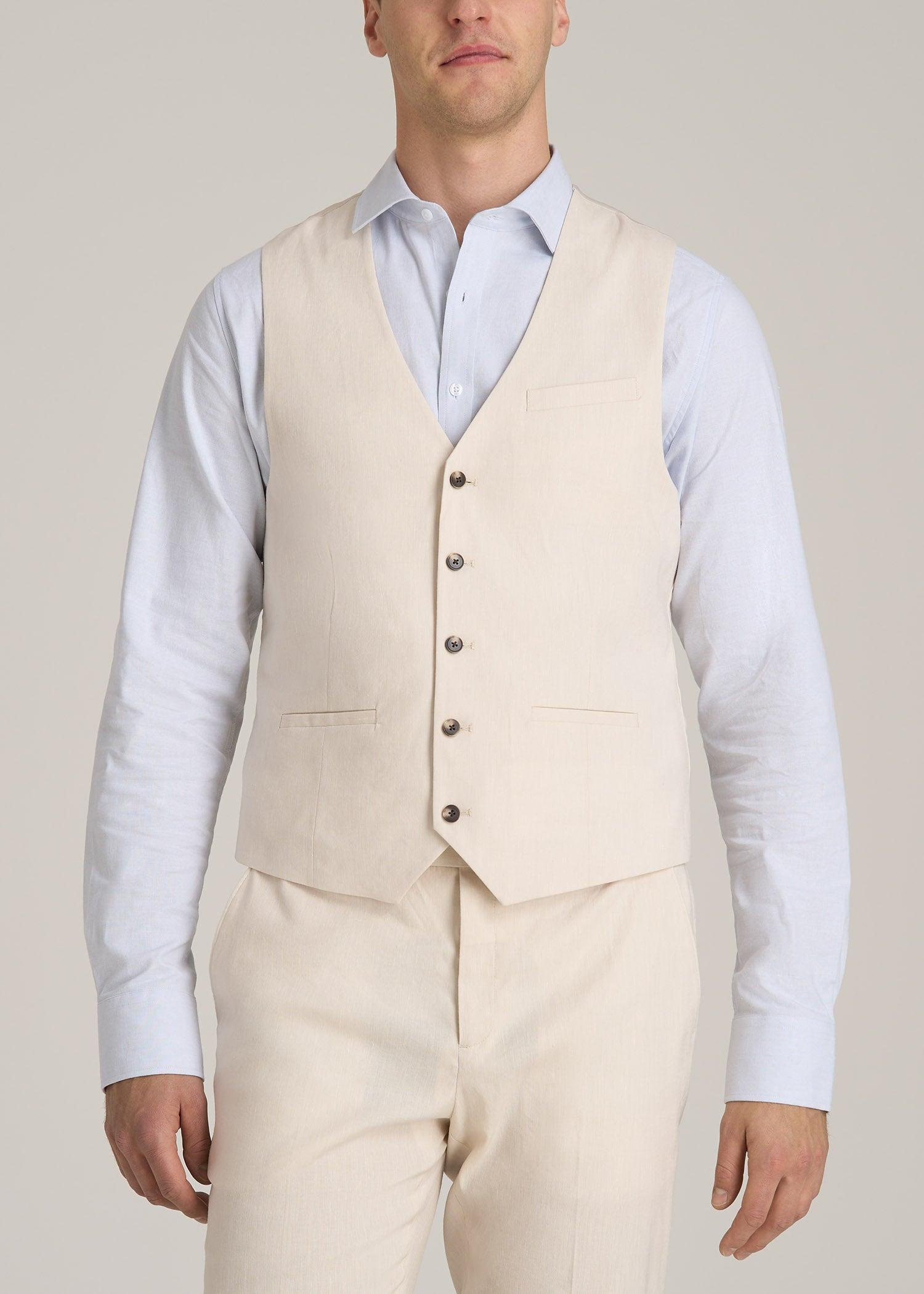 Stretch Linen Suit Vest for Tall Men in Light Beige Linen Product Image