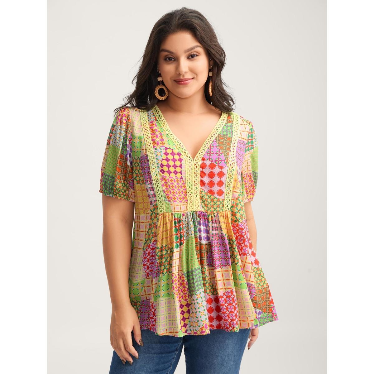Plus Size Multicolor Vibrant Collage Print Babydoll Top Women Short sleeve Deep V-neck Vacation Blouses BloomChic 18-20/2X Product Image