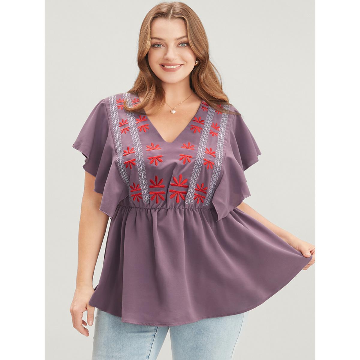 Plus Size Mauve Floral Embroidered V Neck Ruffle Sleeve Blouse Women Vacation Short sleeve V-neck Dailywear Blouses BloomChic 22-24/3X Product Image