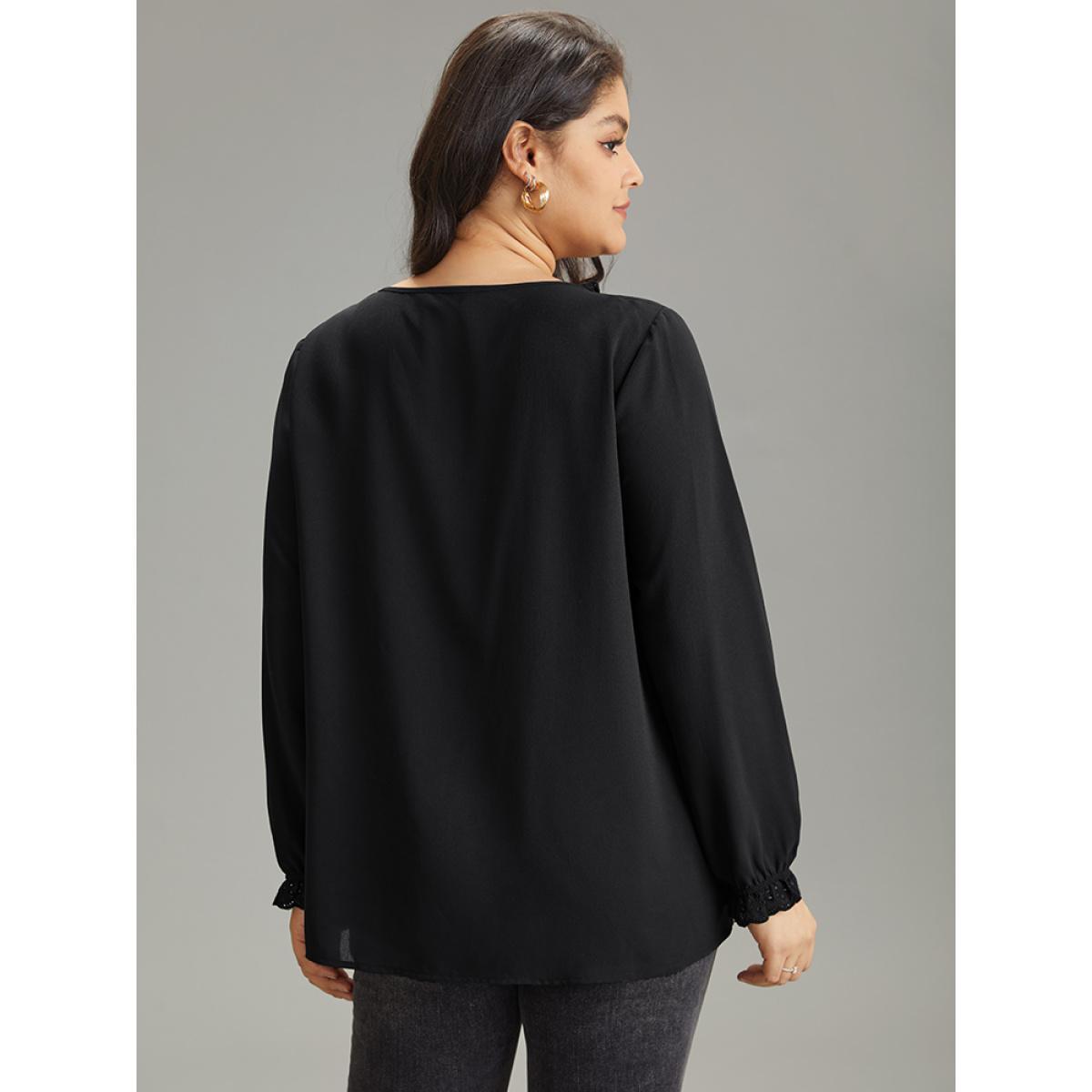 Plus Size Black Guipure Lace Laser Cut Patchwork Lantern Sleeve Blouse Women Elegant Long Sleeve V-neck Everyday Blouses BloomChic 26/4X Product Image