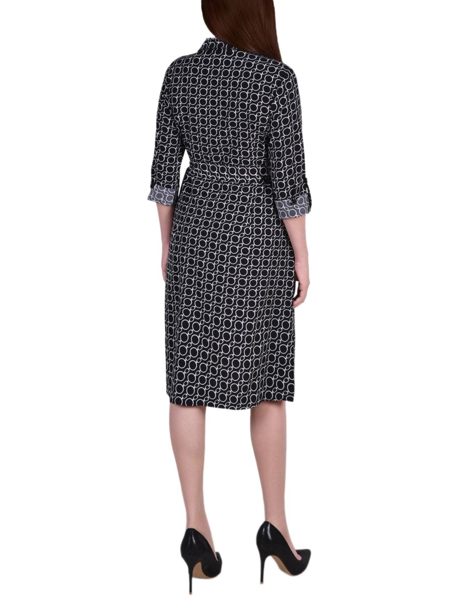 Cypress Inca Gold Navy Zigzag 3/4 Roll Tab Sleeve Belted Shirtdress - Petite Product Image