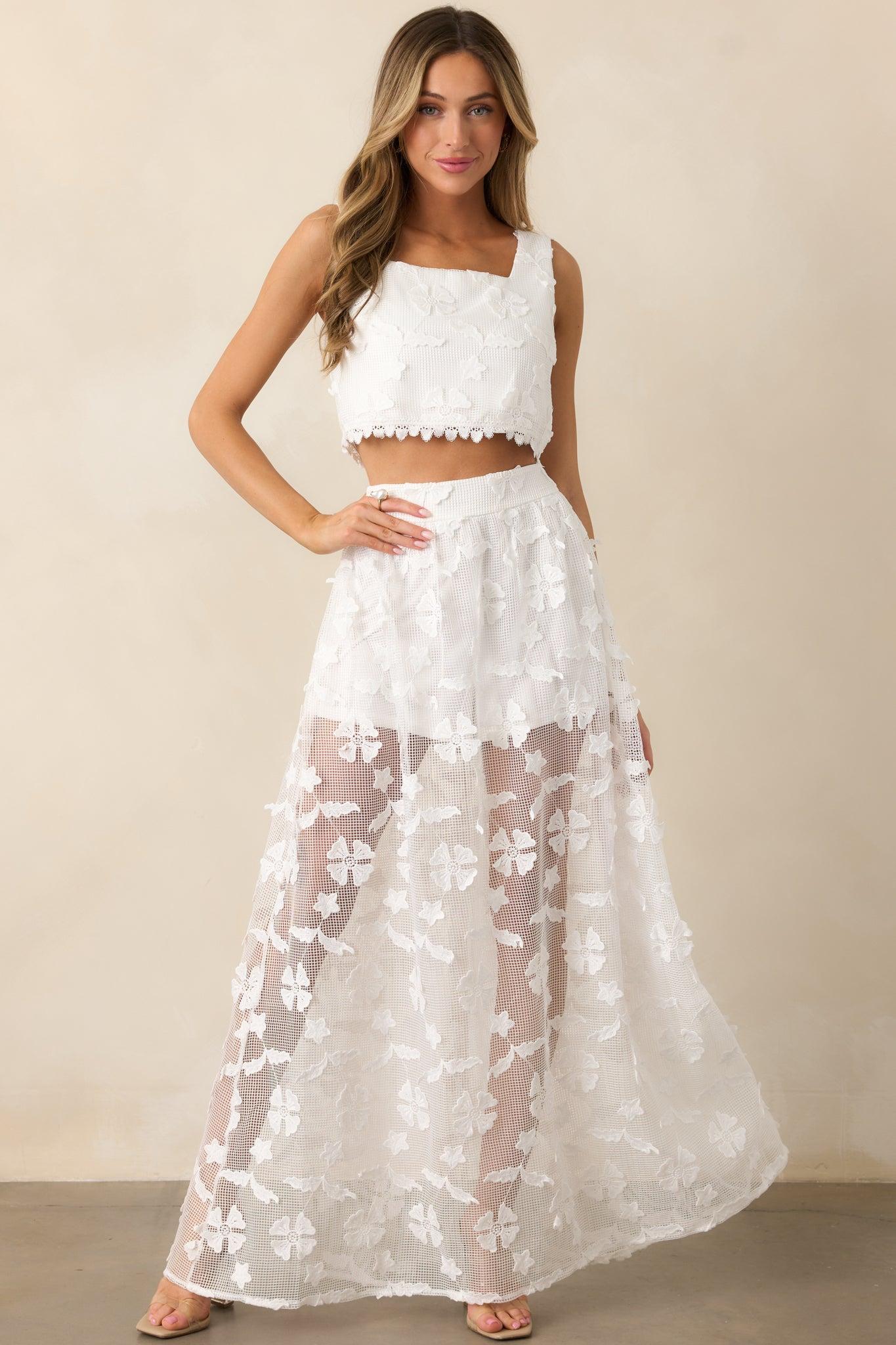 Quiet Waves White Embroidered Midi Skirt Product Image