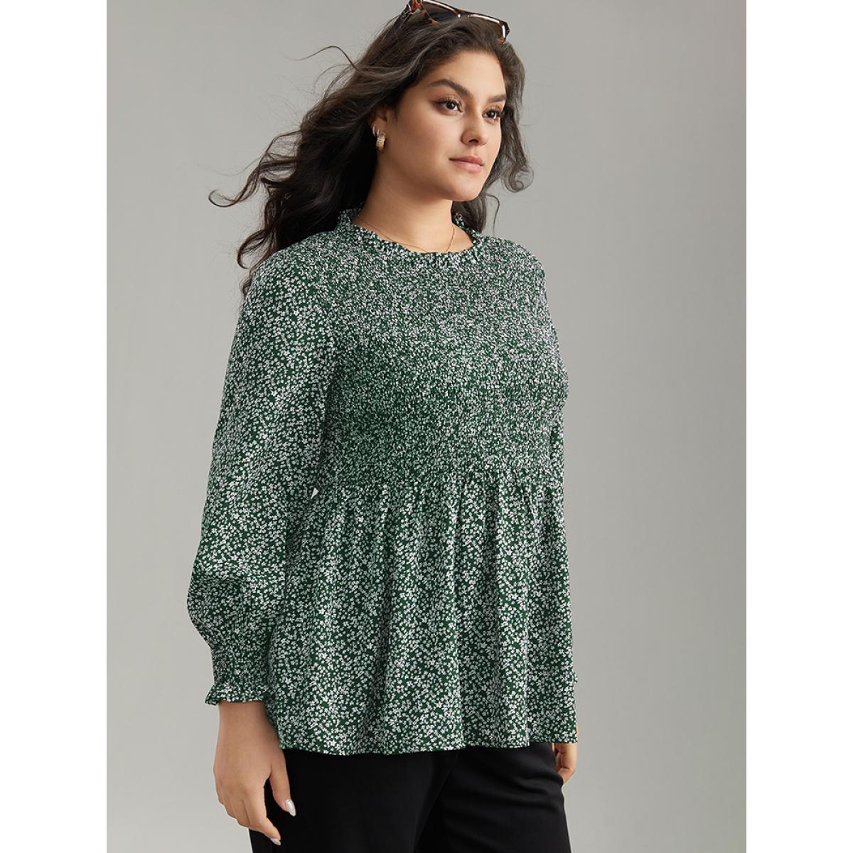 Plus Size DarkGreen Ditsy Floral Stand Collar Shirred Frill Trim Blouse Women Elegant Long Sleeve Stand-up collar Dailywear Blouses BloomChic 30/6X Product Image