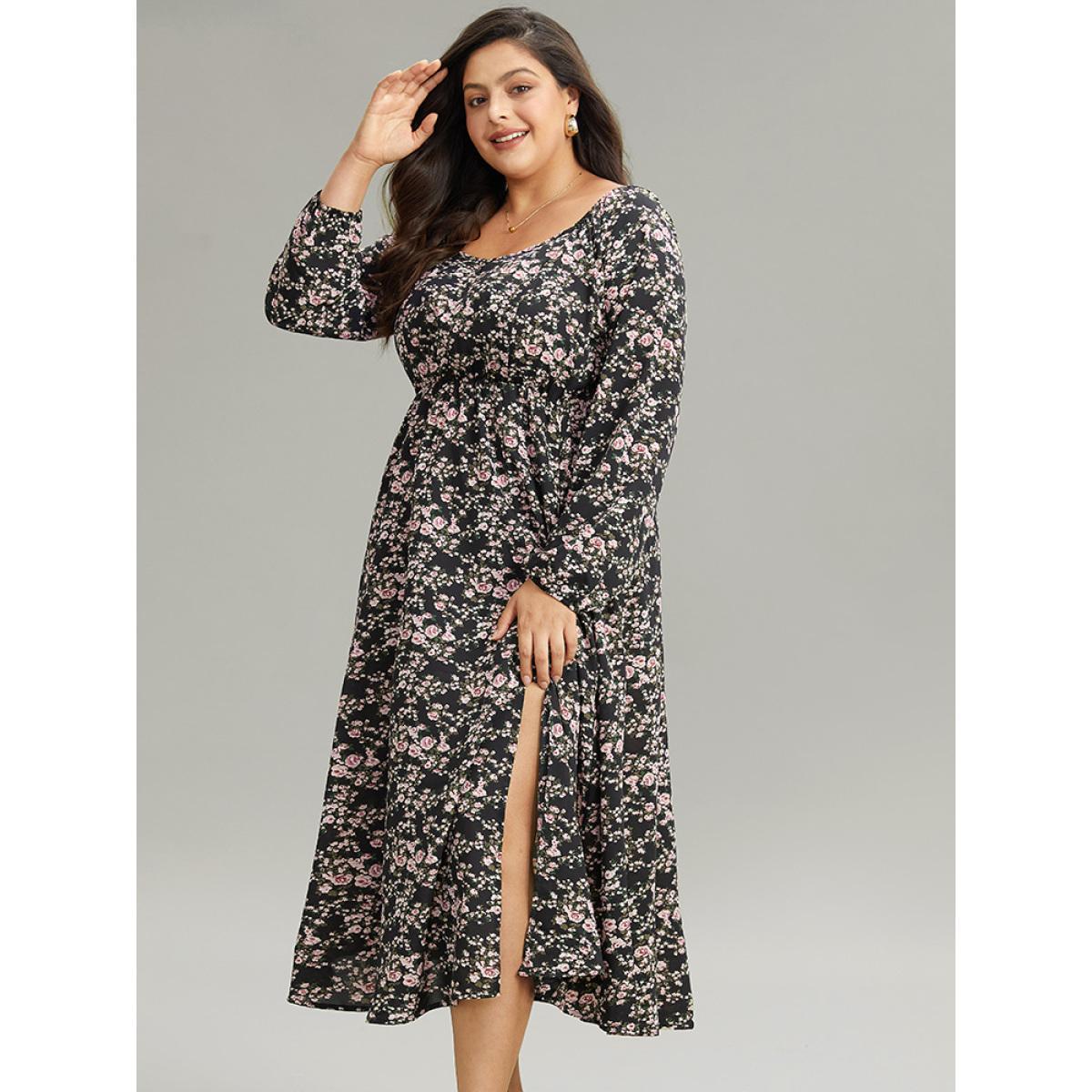 Plus Size Ditsy Floral Pocket Plicated Detail Split Side Dress Black Women Elegant Elastic cuffs Square Neck Long Sleeve Curvy Midi Dress BloomChic 10/M Product Image