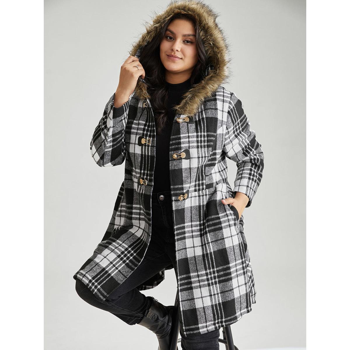 Plus Size Plaid Patchwork Duffle Button Fuzzy Trim Coat Women Black Casual Lined Ladies Dailywear Winter Coats BloomChic 22-24/3X Product Image