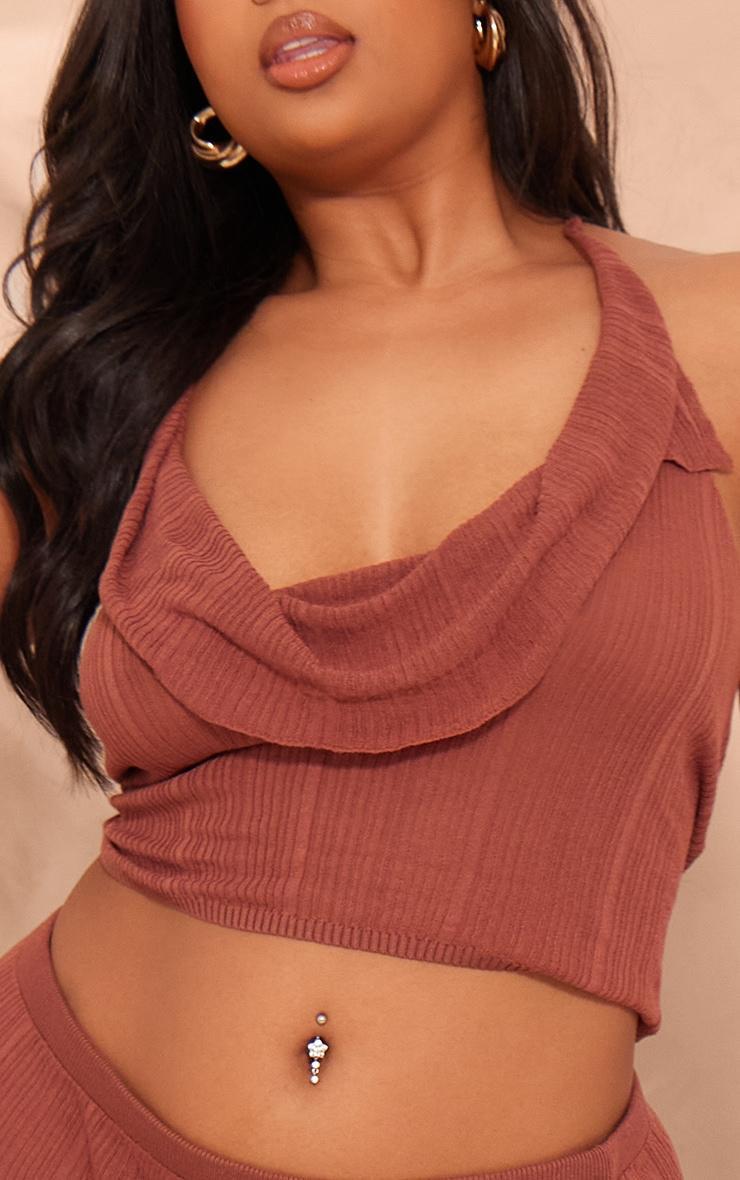 Plus Chocolate Sheer Ribbed Knit Cowl Neck Halterneck Top Product Image