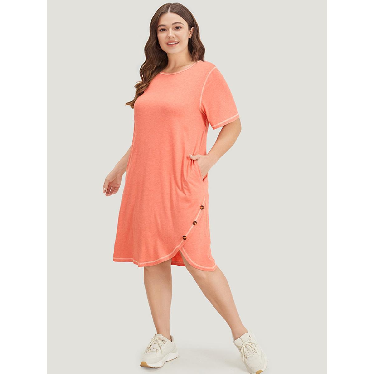 Plus Size Supersoft Essentials Stitch Button Detail Overlap Hem Dress Coral Women Casual Wrap Round Neck Short sleeve Curvy Knee Dress BloomChic 30/6X Product Image