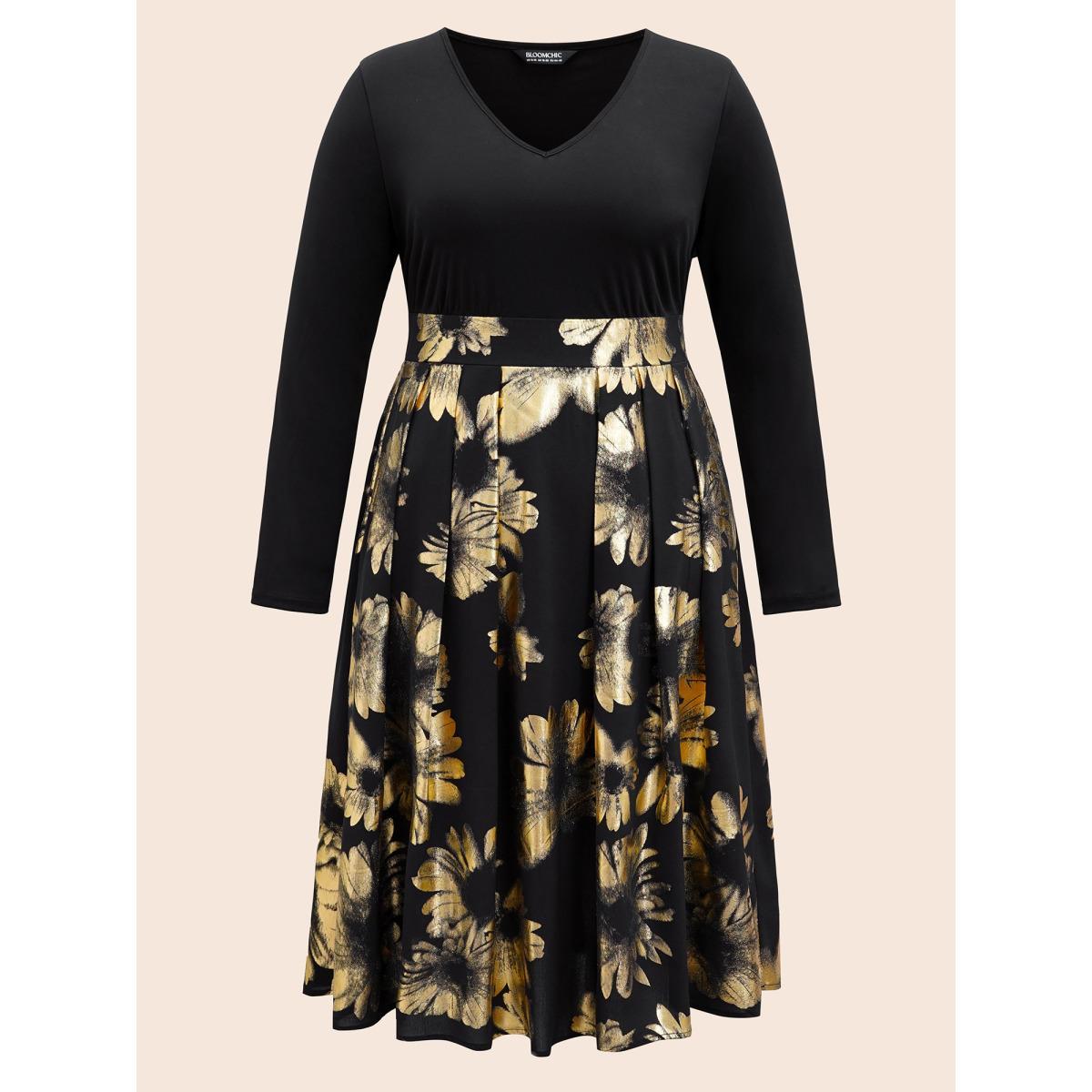 Plus Size Brush Glitter Pocket Patchwork Dress Black Women Party Printed V-neck Long Sleeve Curvy Midi Dress BloomChic 18-20/2X Product Image