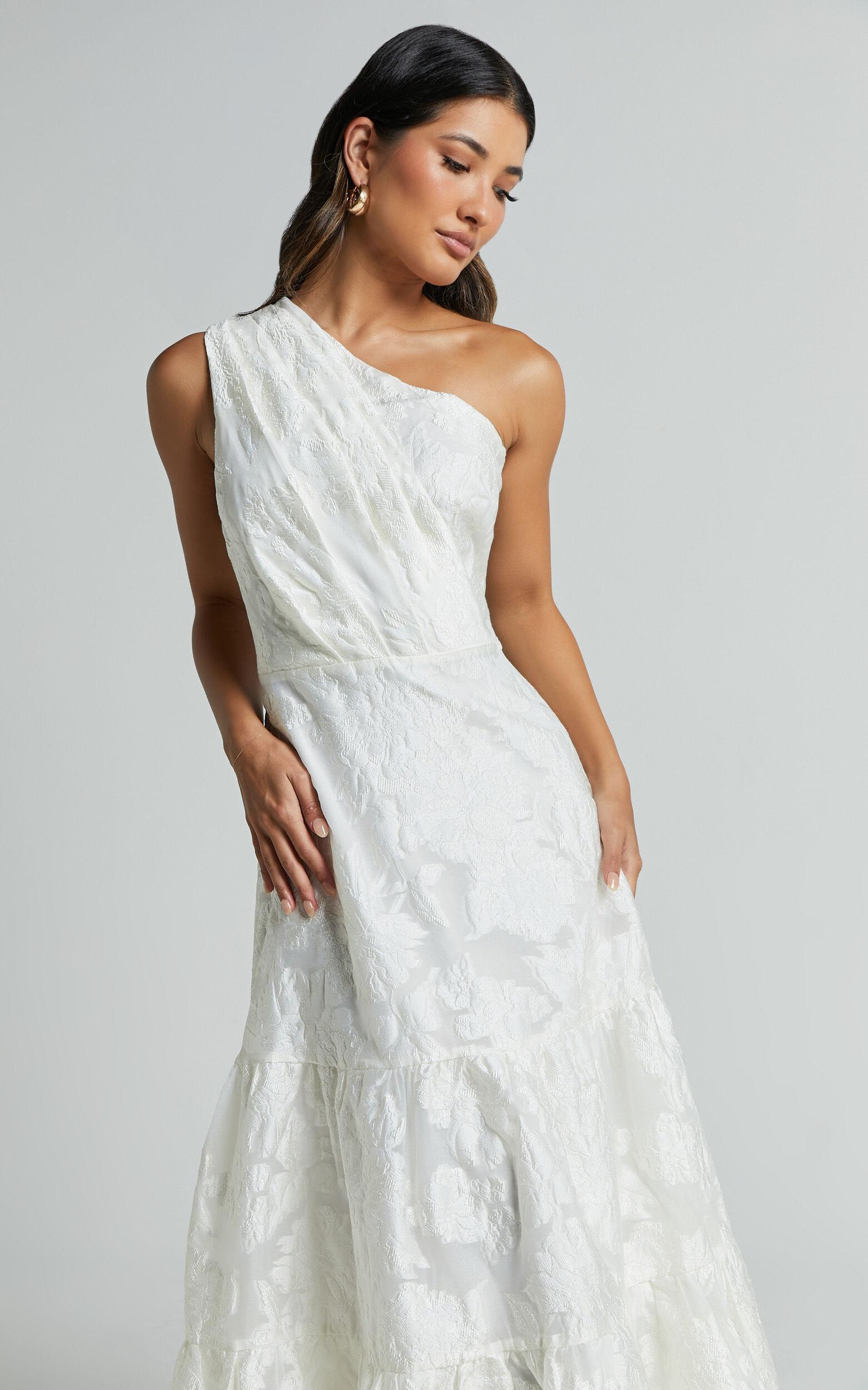 Nadette Midi Dress - One Shoulder Pleated Tiered Dress in White Product Image