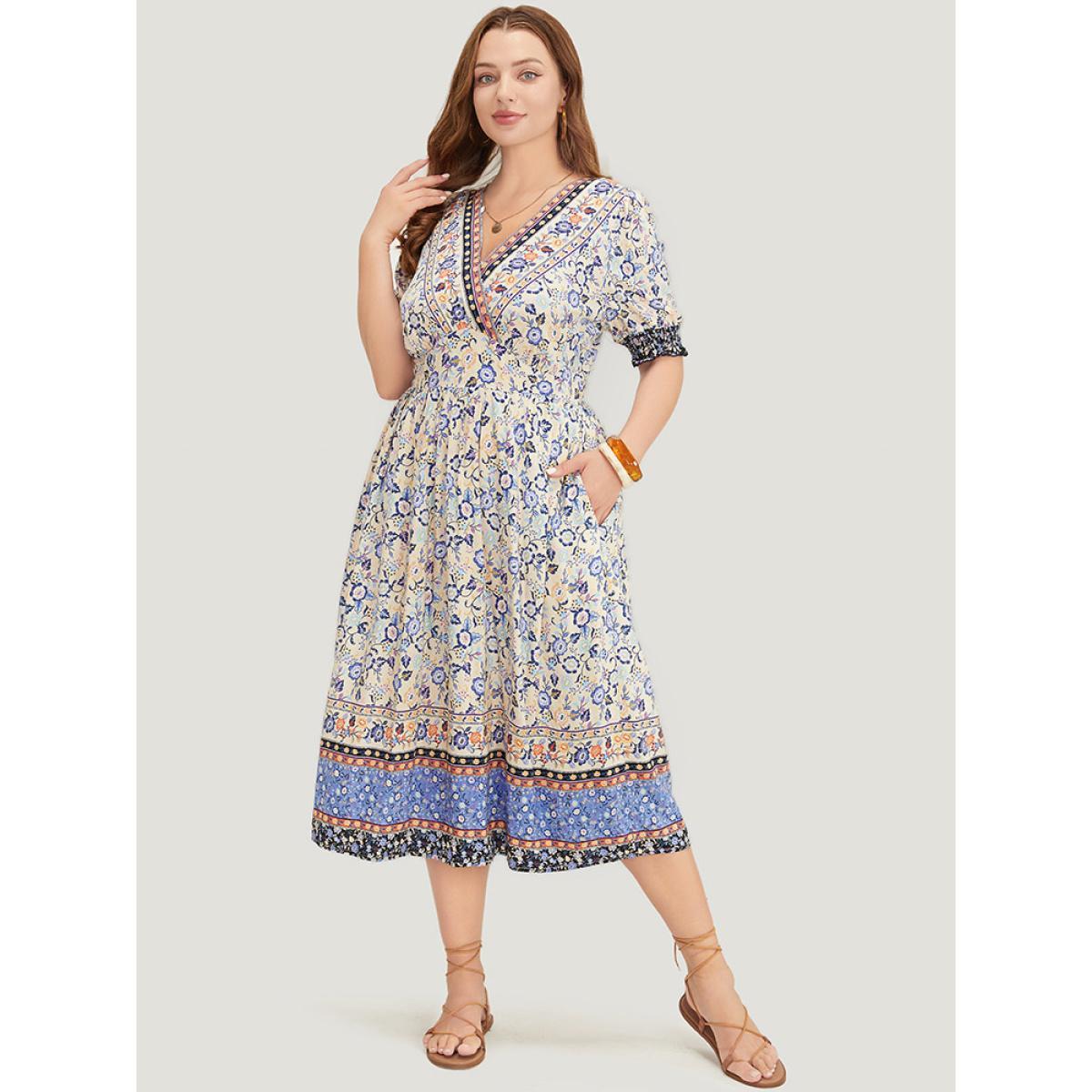 Plus Size Bandana Print Surplice Neck Pocket Shirred Puff Sleeve Dress Aegean Women Vacation Overlap Collar Short sleeve Curvy Midi Dress BloomChic 28/5X Product Image