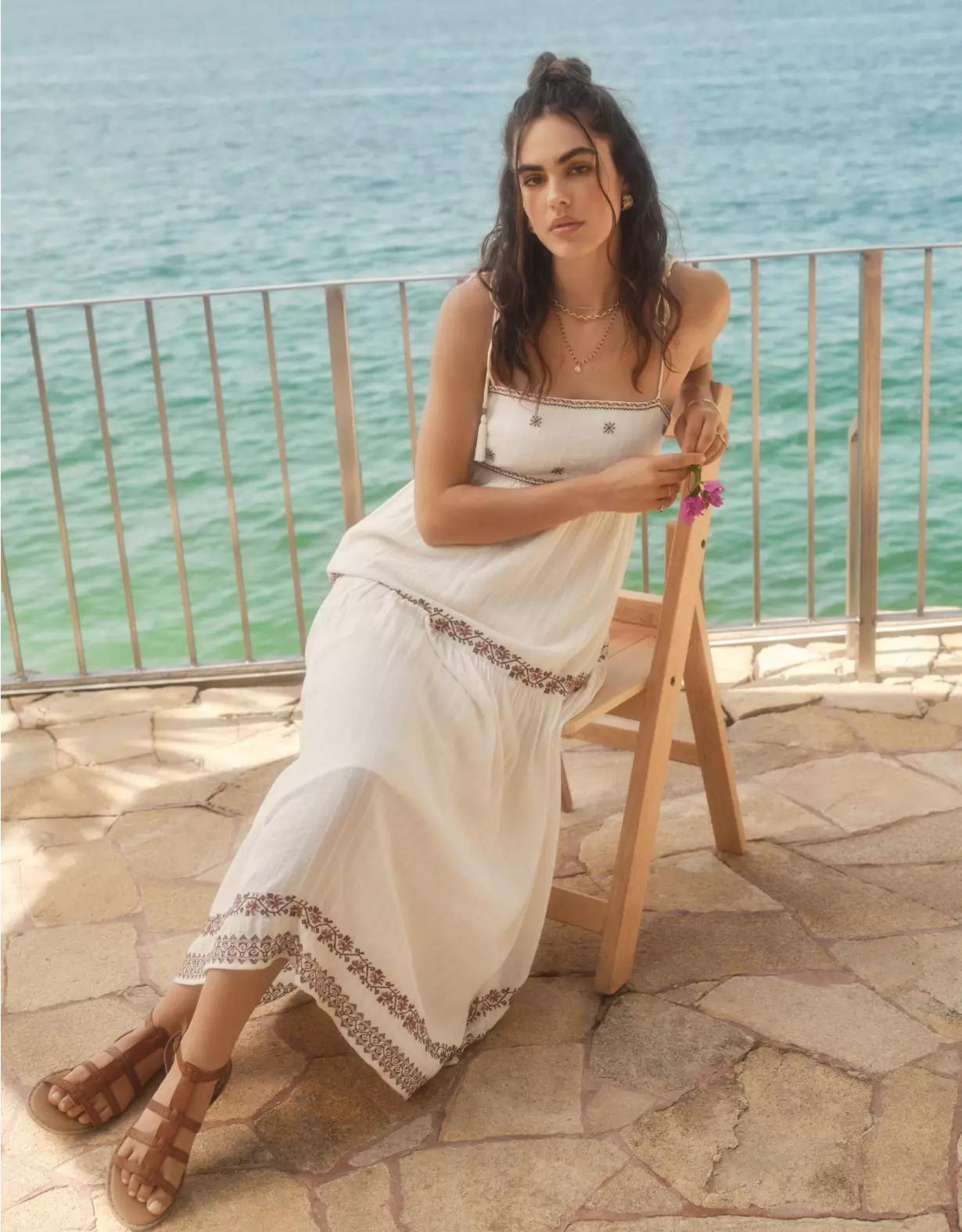 AE Empire Waist Embroidered Midi Dress Product Image