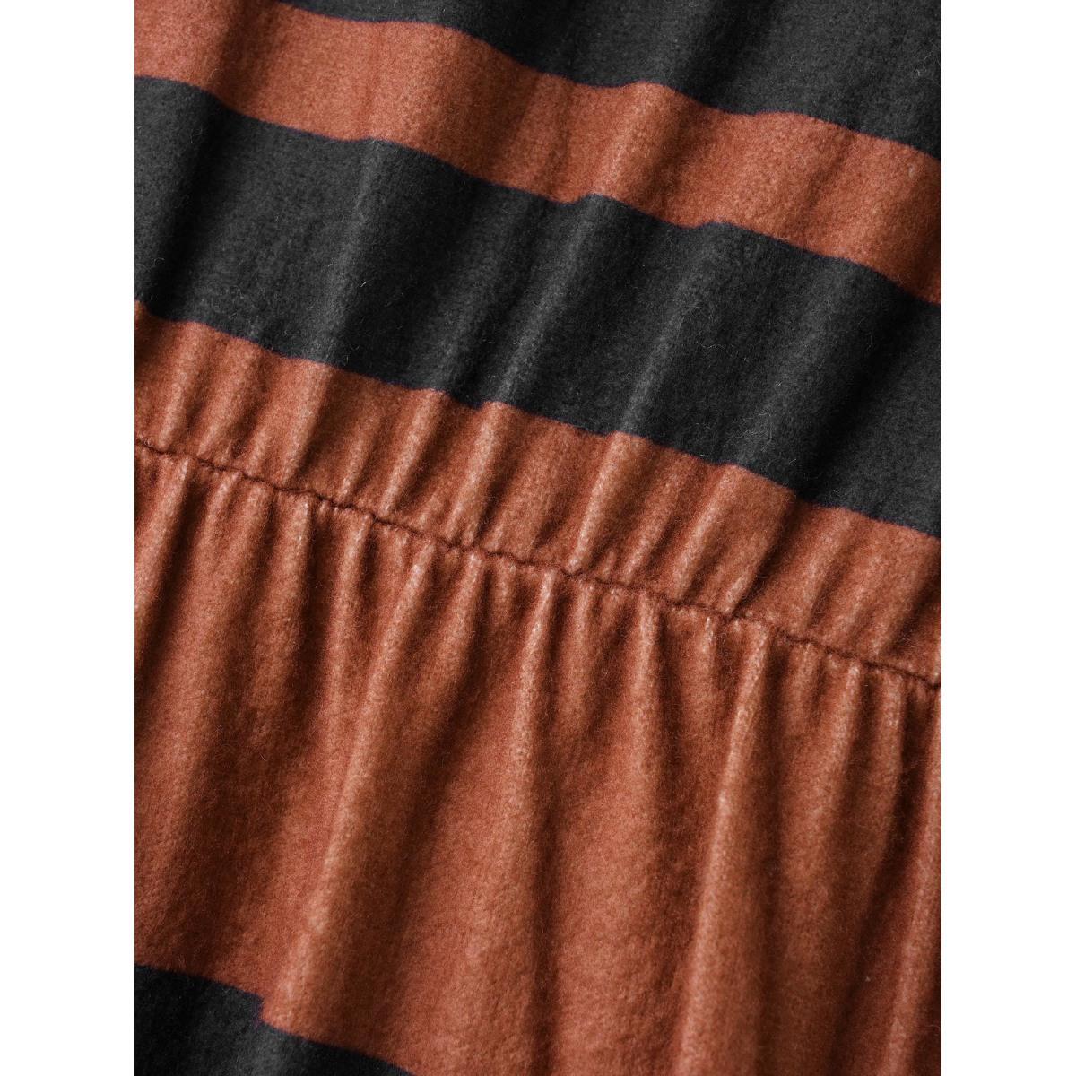 Plus Size Crew Neck Striped Patchwork Elastic Waist Dress Maroon Women At the Office Contrast Round Neck Long Sleeve Curvy BloomChic 18-20/2X Product Image